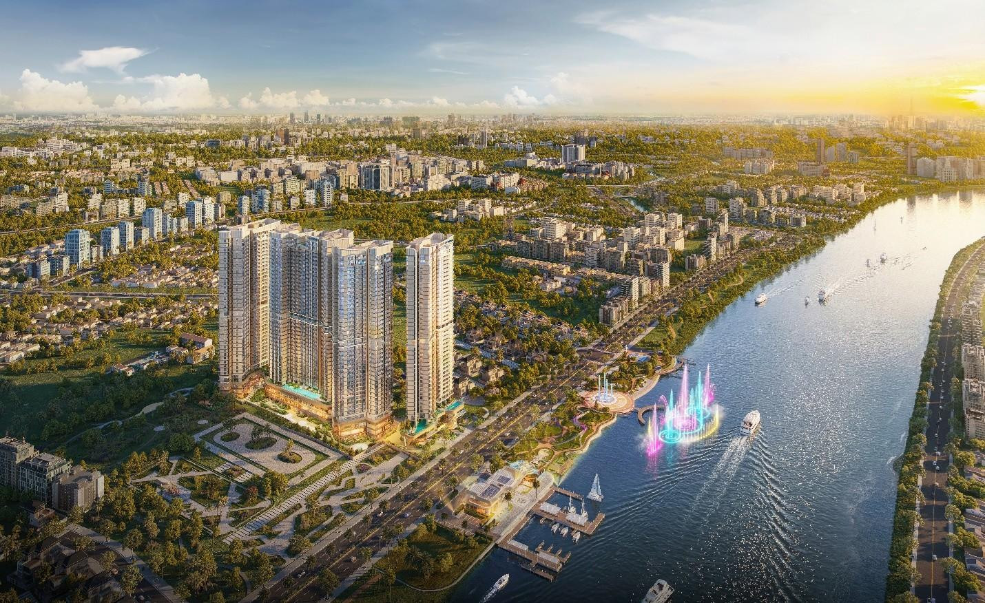 The Emerald River Park sở hữu lợi thế ven sông Sài Gòn, tạo nền tảng phát triển không gian sống hài hòa với thiên nhiên. Ảnh phối cảnh dự án